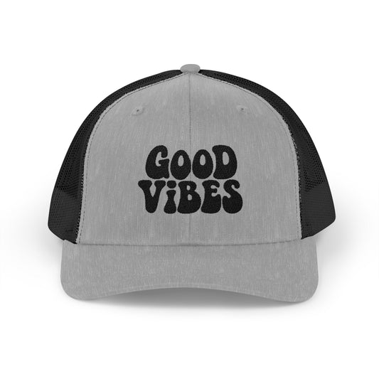 Good Vibes Trucker Hat – Embroidered Retro Text Hat for Positive Vibes, Chill Style, and Everyday Feel-Good Energy. Black Letters