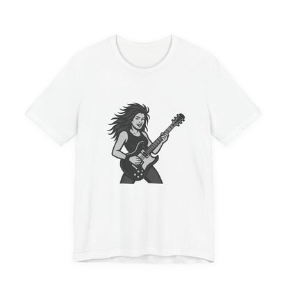 Rock Guitar Girl Graphic T-Shirt – Dark Theme Grayscale Electric Guitarist Design on Black Tee with Music Attitude and Modern Ghost Effect. Unisex Jersey Short Sleeve Tee