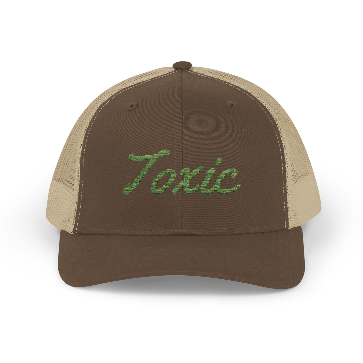Toxic Trucker Hat – Embroidered Green Script Hat for Ironic Vibes and Bold Personality