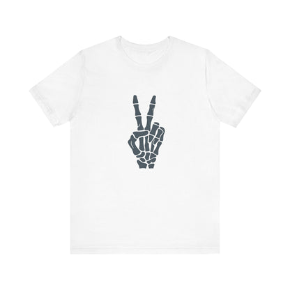 Skeleton Peace Hand Graphic T-Shirt – Gritty Dark Theme Grayscale Bones on Black Tee with Rebellious Calm and Modern Ghost Effect. Unisex Jersey Short Sleeve Tee