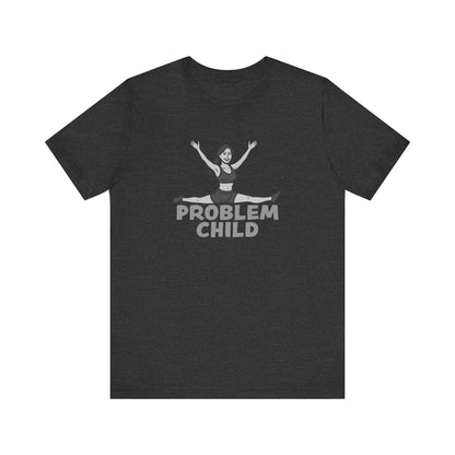 Problem Child Graphic Tee Cheerful Rebel Jump Pose in Bold Dark Theme Monochrome Style. Unisex Jersey Short Sleeve Tee
