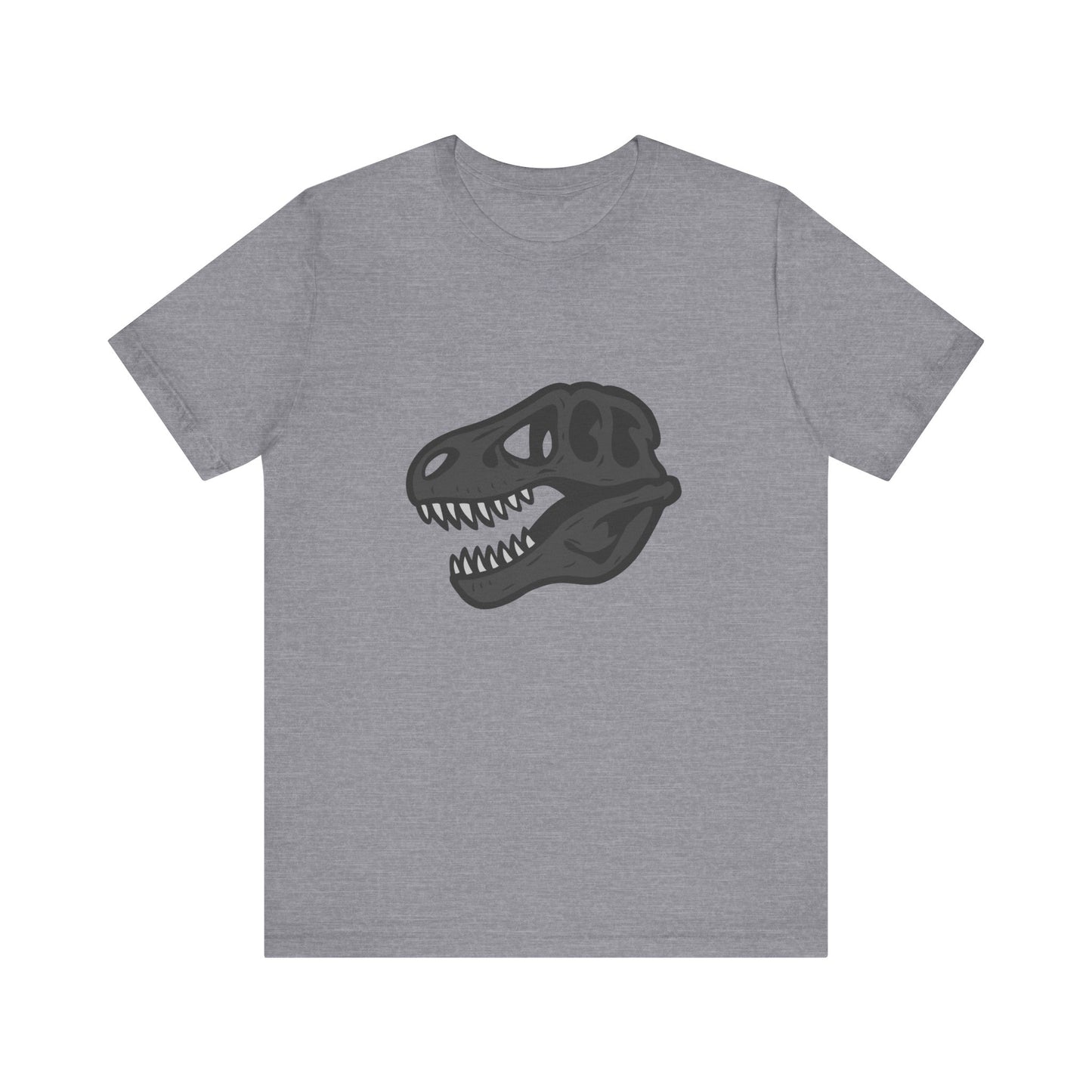 T-Rex Skull Graphic T-Shirt – Dark Theme Grayscale Dinosaur Skeleton Design on Black Tee with Prehistoric Edge and Modern Ghost Effect. Unisex Jersey Short Sleeve Tee