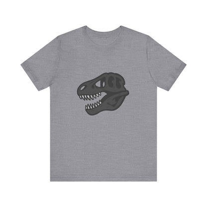 T-Rex Skull Graphic T-Shirt – Dark Theme Grayscale Dinosaur Skeleton Design on Black Tee with Prehistoric Edge and Modern Ghost Effect. Unisex Jersey Short Sleeve Tee