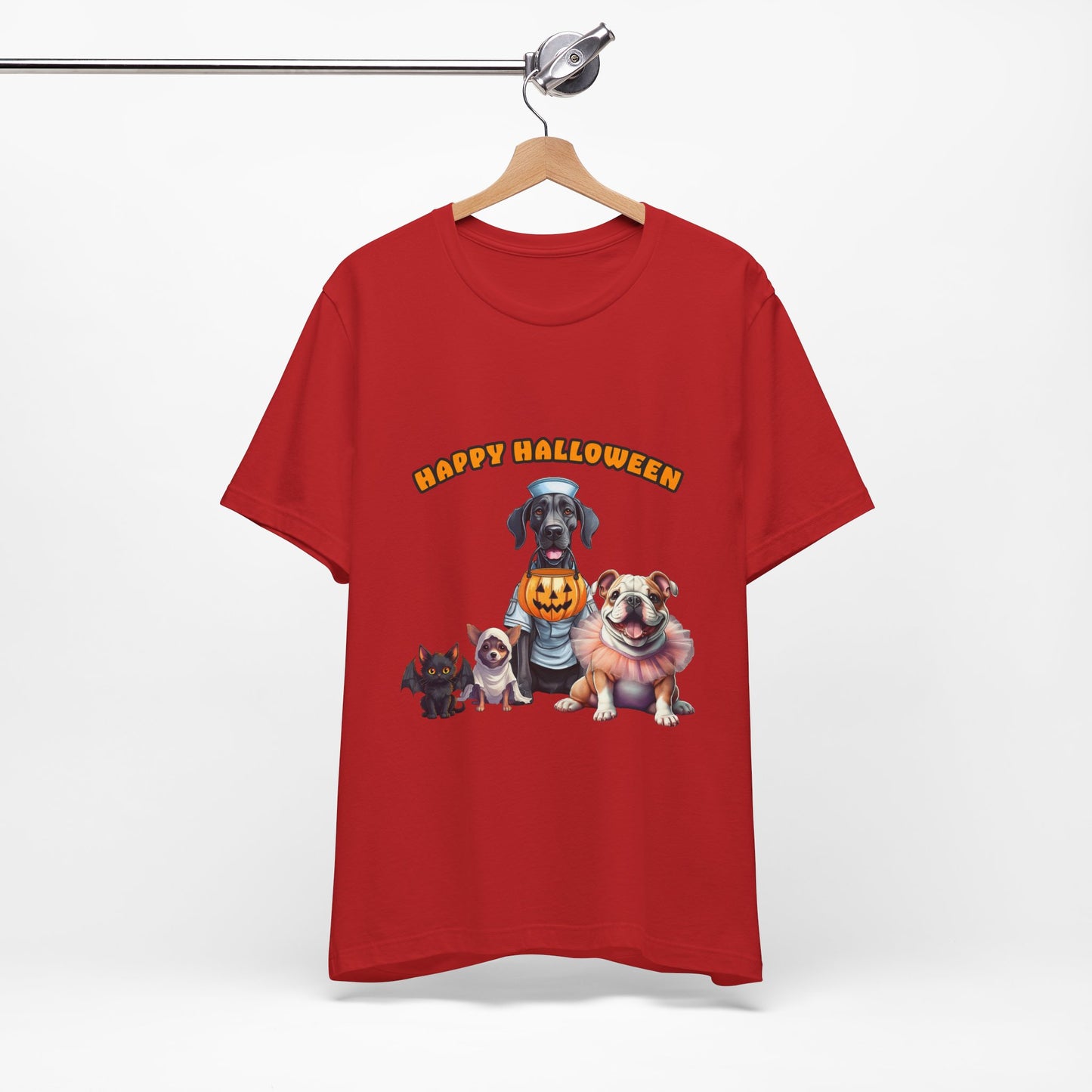 Happy Halloween Pet Parade Shirt – Cute Halloween Dogs and Cat in Costumes. Unisex Jersey Short Sleeve Tee