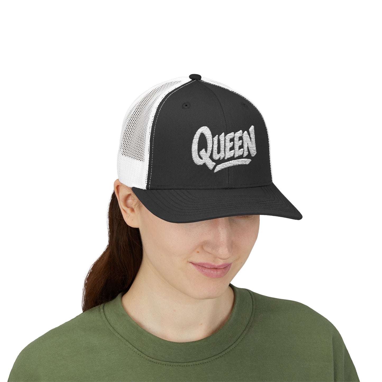 Queen Trucker Hat – Embroidered Crown Hat for Confident Women. White Letters