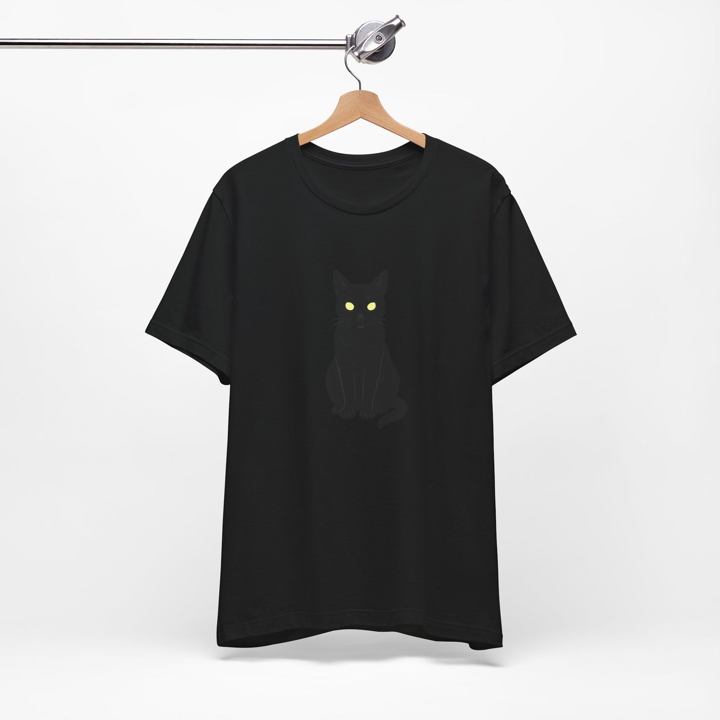 Glowing-Eyed Black Cat Shirt – Dark Theme Feline Stare for Maximum Spook and Minimal Effort. Unisex Jersey Short Sleeve Tee