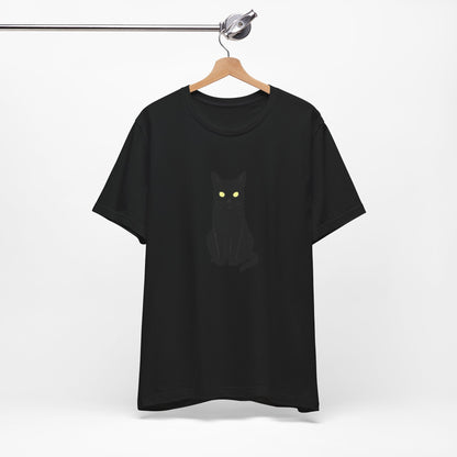 Glowing-Eyed Black Cat Shirt – Dark Theme Feline Stare for Maximum Spook and Minimal Effort. Unisex Jersey Short Sleeve Tee