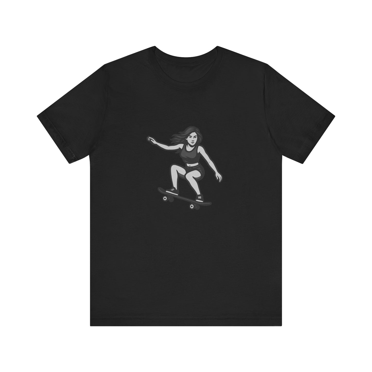 Skater Girl Graphic T-Shirt – Dark Theme Grayscale Skateboarding Design on Black Tee with Bold Motion and Modern Ghost Effect. Unisex Jersey Short Sleeve Tee