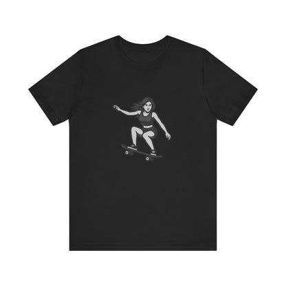Skater Girl Graphic T-Shirt – Dark Theme Grayscale Skateboarding Design on Black Tee with Bold Motion and Modern Ghost Effect. Unisex Jersey Short Sleeve Tee