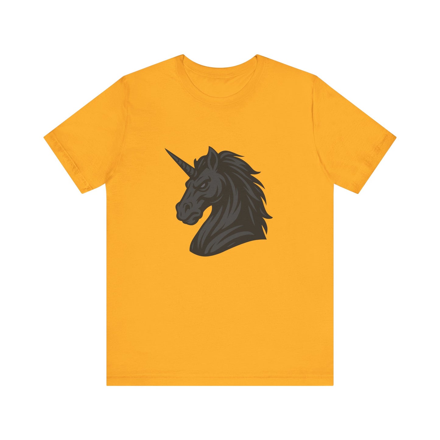 Dark Unicorn Profile T-Shirt – Dark Theme Grayscale Fierce Mythical Horse Design on Black Tee with Gothic Magic and Modern Ghost Effect. Unisex Jersey Short Sleeve Tee