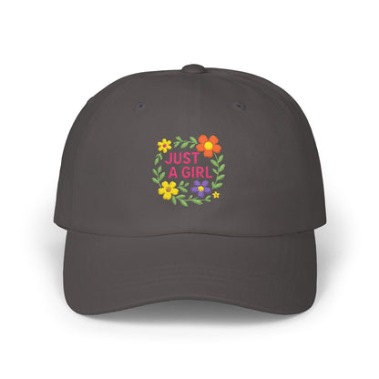 Just a Girl Embroidered Classic Dad Hat – Colorful Floral Baseball Hat with Bold Text and Whimsical Feminine Style