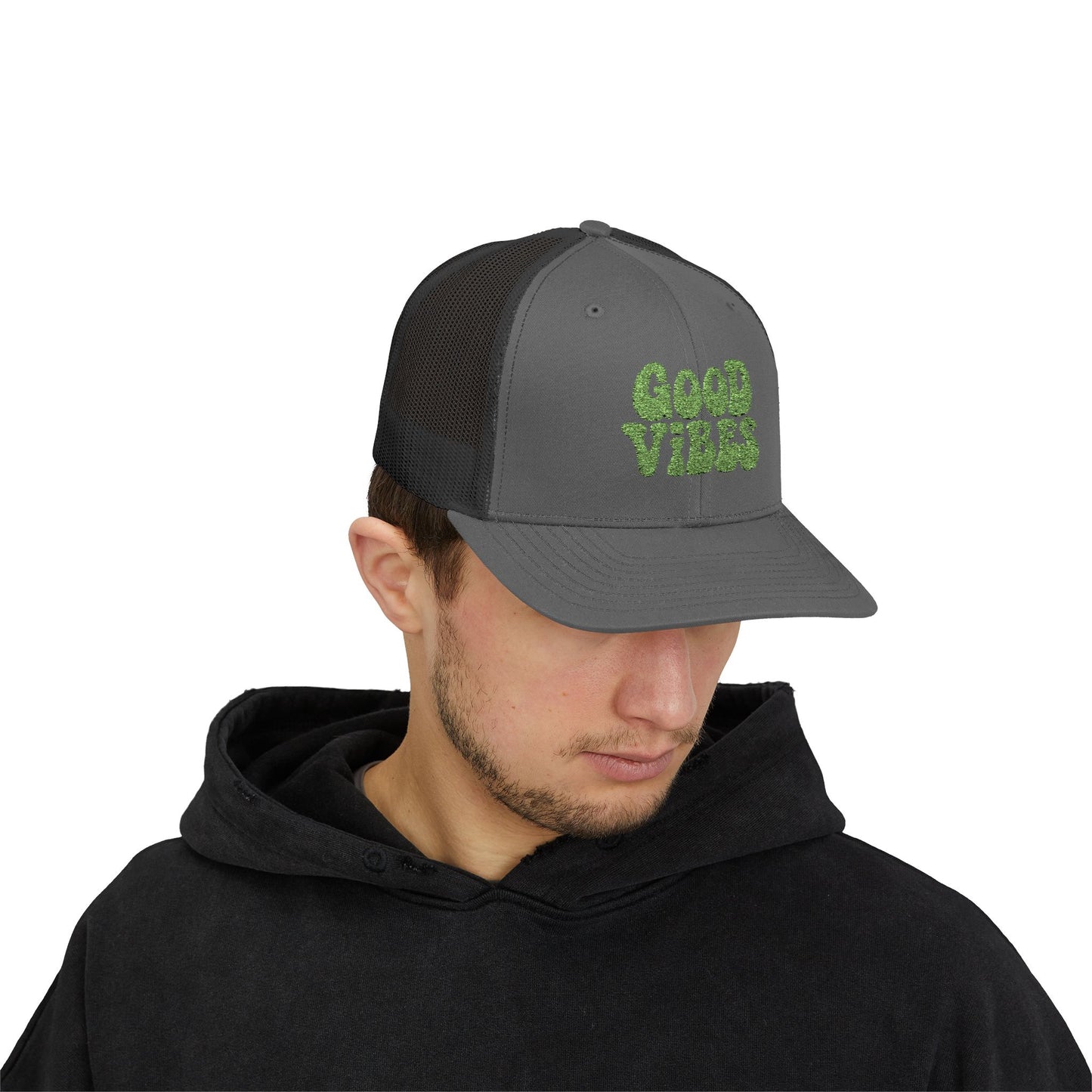 Good Vibes Trucker Hat – Embroidered Retro Text Hat for Positive Vibes, Chill Style, and Everyday Feel-Good Energy. Green Letters