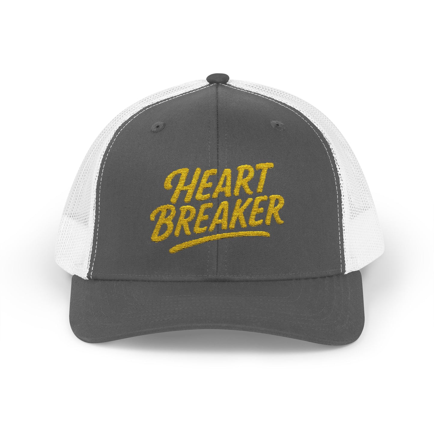 Heartbreaker Trucker Hat – Bold Baseball Hat with Retro Script and Broken Heart Design for Confident Rule-Breakers. Yellow Letters