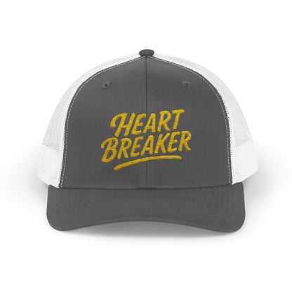 Heartbreaker Trucker Hat – Bold Baseball Hat with Retro Script and Broken Heart Design for Confident Rule-Breakers. Yellow Letters