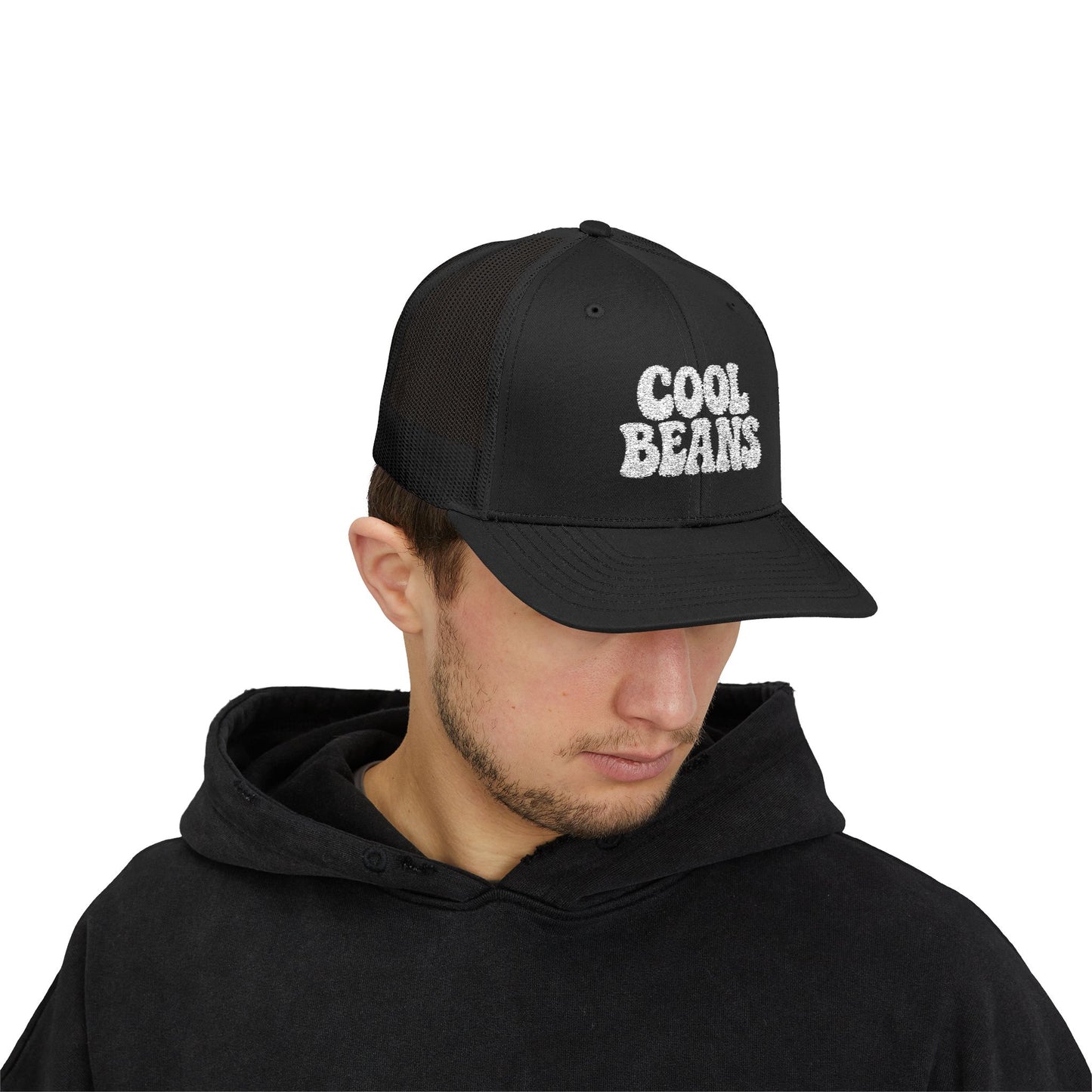 Cool Beans Trucker Hat – Embroidered Funny Minimalist Hat for Dry Humor and Casual Vibes. White Letters