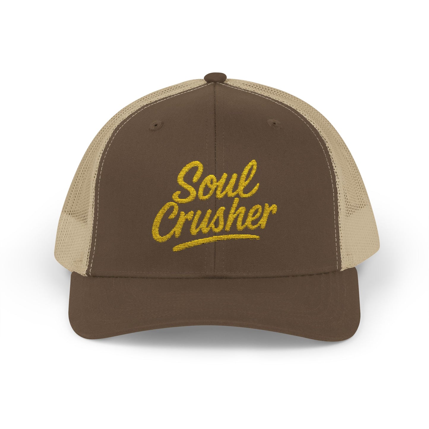 Soul Crusher Trucker Hat – Clean Script Hat with Bold Edge for Heartbreakers, Villains, and Power Moves. Yellow Letters