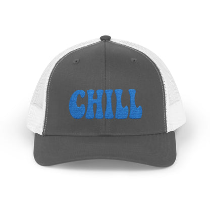 Chill Trucker Hat – Embroidered Relaxed Script Hat for Easygoing Vibes and Everyday Cool. Blue Letters