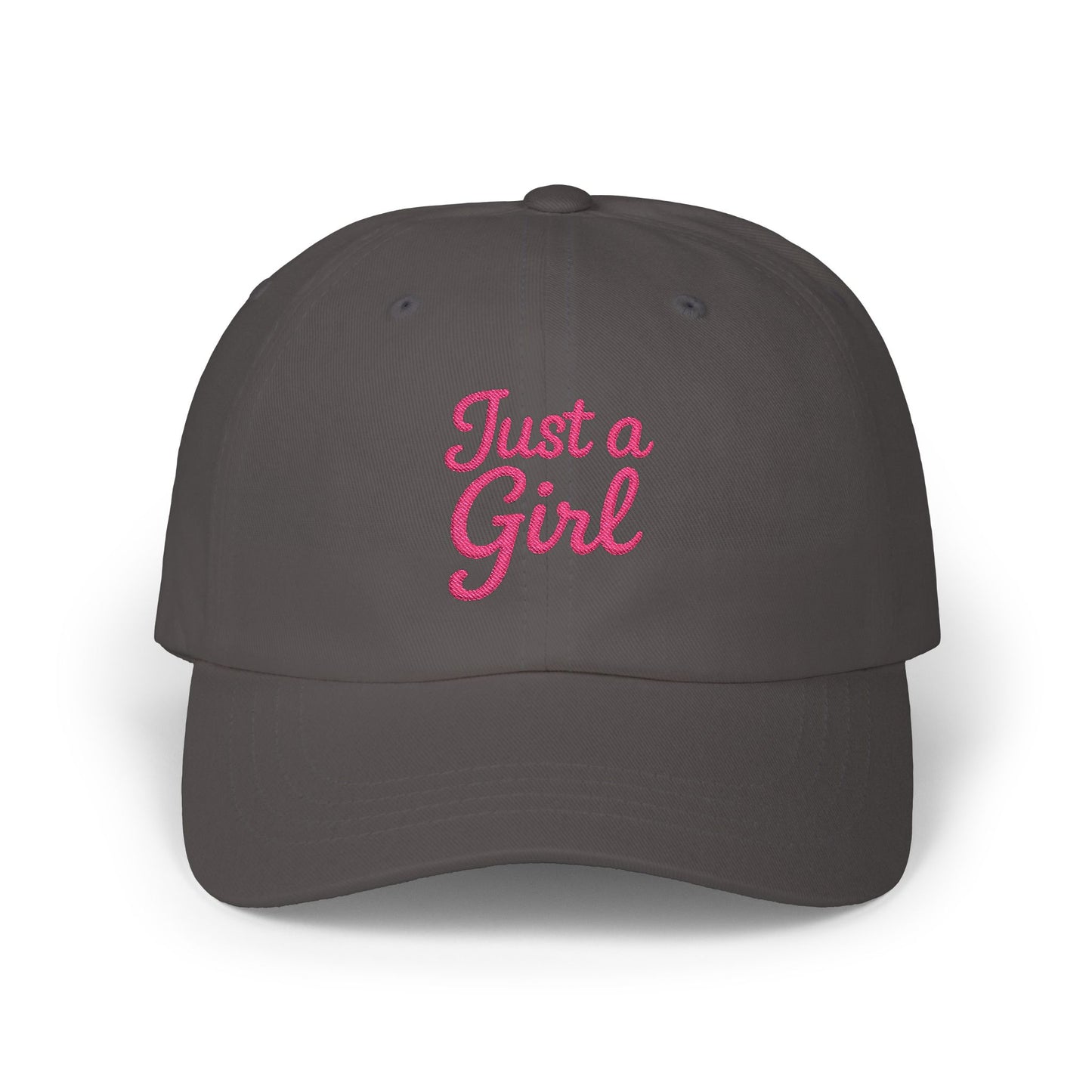 Just a Girl Embroidered Classic Dad Hat – Minimalist Script Baseball Hat with Bold Feminine Energy and Classic Style. Pink Letters
