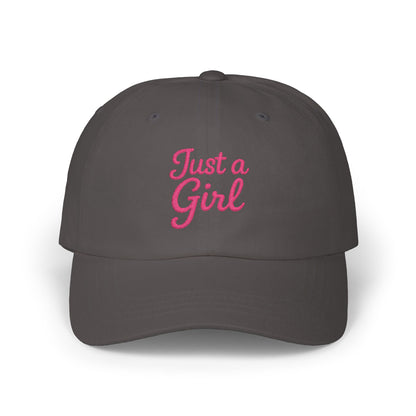 Just a Girl Embroidered Classic Dad Hat – Minimalist Script Baseball Hat with Bold Feminine Energy and Classic Style. Pink Letters