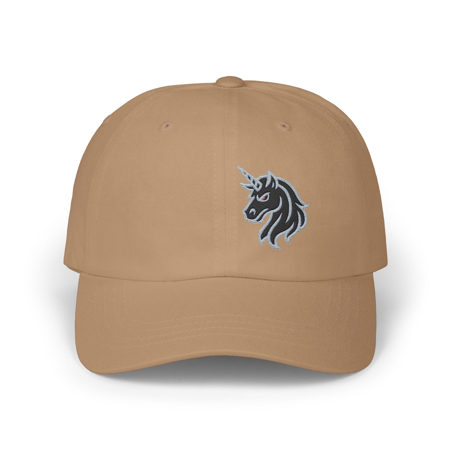 Angry Unicorn Classic Dad Hat – Embroidered Gothic Fantasy Hat with Red Eyes and Fierce Horned Design