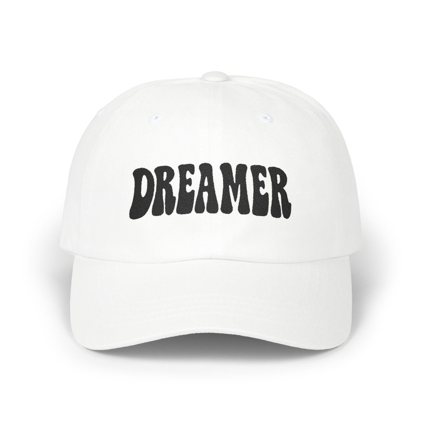 Dreamer Classic Dad Hat – Embroidered Minimalist Script Hat for Visionaries, Creatives, and Chill Daydreamers. Black Letters