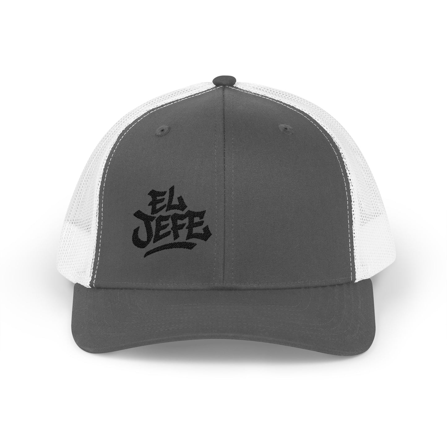 El Jefe Trucker Hat – Embroidered Bold Text Hat for Boss Energy, Leadership Style, and Latin Flair. Black Letters