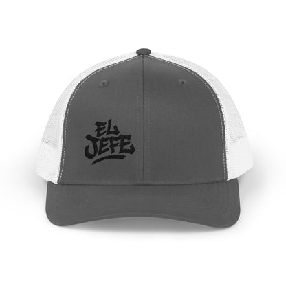 El Jefe Trucker Hat – Embroidered Bold Text Hat for Boss Energy, Leadership Style, and Latin Flair. Black Letters