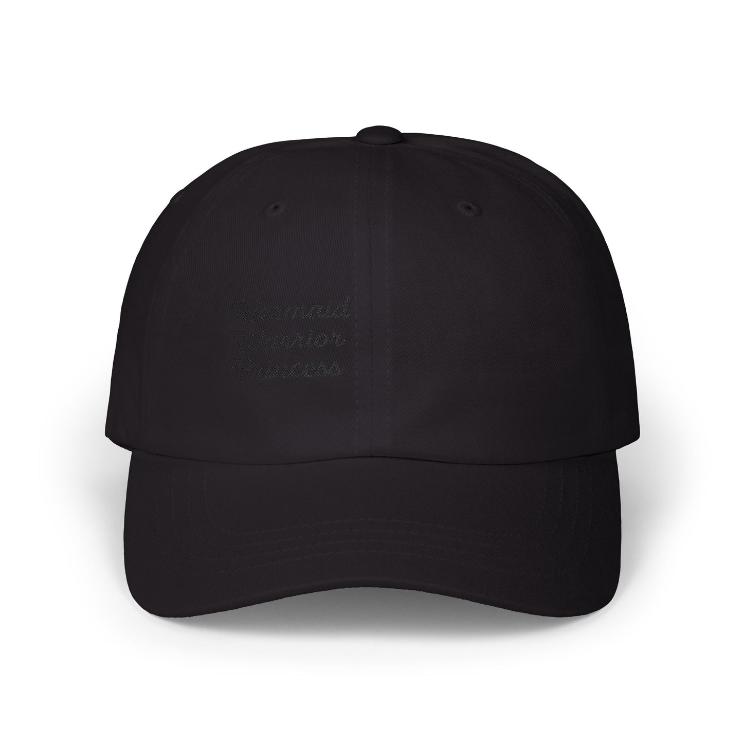 Mermaid Warrior Princess Embroidered Classic Dad Hat – Bold Text Hat for Ocean Queens, Fantasy Fans, and Fierce Beach Style. Black Letters