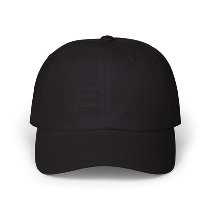 Mermaid Warrior Princess Embroidered Classic Dad Hat – Bold Text Hat for Ocean Queens, Fantasy Fans, and Fierce Beach Style. Black Letters