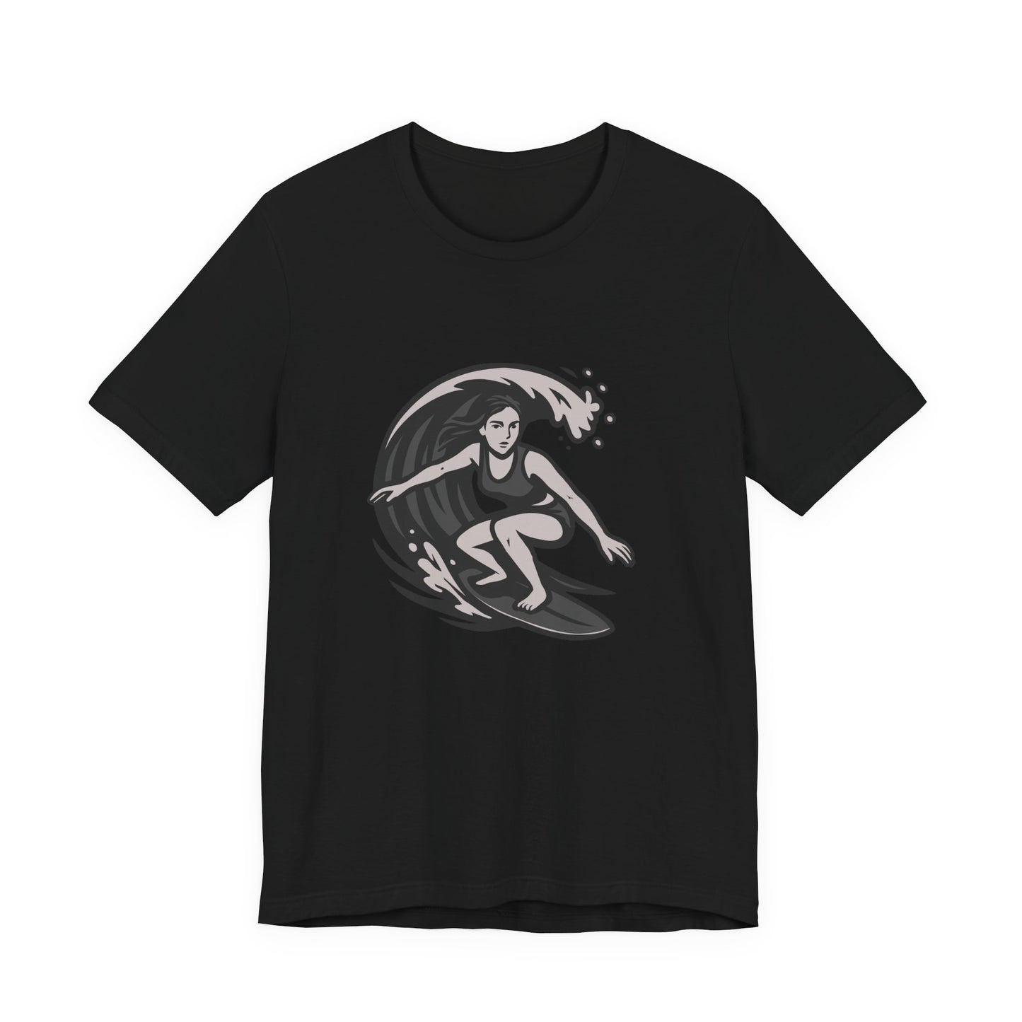 Surf Girl Graphic T-Shirt – Dark Theme Grayscale Female Surfer Riding Wave on Black Tee with Flow State Energy and Modern Ghost Effect. Unisex Jersey Short Sleeve Tee
