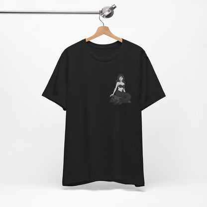 Mermaid Graphic T-Shirt – Dark Theme Grayscale Siren on Rock Design on Black Tee with Fantasy Vibes and Modern Ghost Effect. Unisex Jersey Short Sleeve Tee