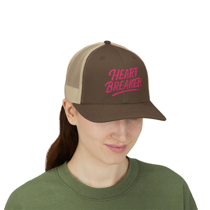 Heartbreaker Trucker Hat – Bold Baseball Hat with Retro Script and Broken Heart Design for Confident Rule-Breakers. Pink Letters