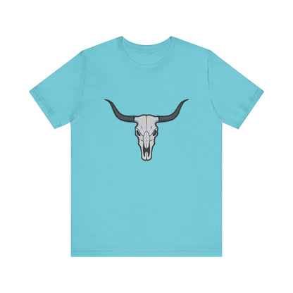 Dark Theme Steer Skull Shirt – Western Cow Skull Graphic in Grey and Black for Desert Gothic Vibes. Unisex Jersey Short Sleeve Tee
