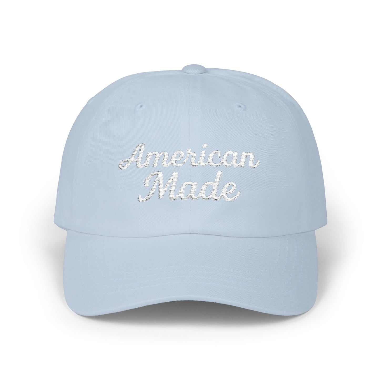 American Made Classic Dad Hat – Embroidered Patriotic Baseball Hat with Retro Script for USA Pride and Everyday Wear. White Letters