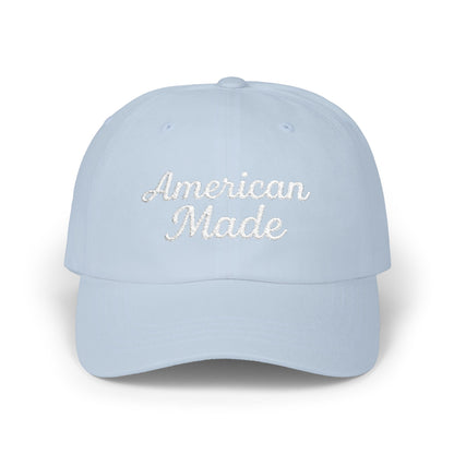 American Made Classic Dad Hat – Embroidered Patriotic Baseball Hat with Retro Script for USA Pride and Everyday Wear. White Letters
