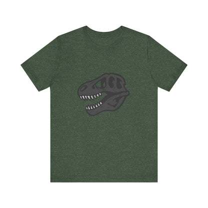 T-Rex Skull Graphic T-Shirt – Dark Theme Grayscale Dinosaur Skeleton Design on Black Tee with Prehistoric Edge and Modern Ghost Effect. Unisex Jersey Short Sleeve Tee