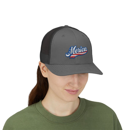 Merica Trucker Hat – Patriotic Embroidered Hat with Vintage Sports Style