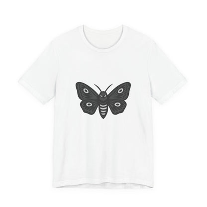 Moth Graphic T-Shirt – Dark Theme Grayscale Winged Insect Design on Black Tee with Gothic Mood and Subtle Modern Ghost Effect. Unisex Jersey Short Sleeve Tee