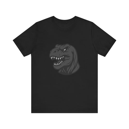 T-Rex Profile Graphic T-Shirt – Dark Theme Grayscale Dinosaur Head on Black Tee with Prehistoric Power and Modern Ghost Effect. Unisex Jersey Short Sleeve Tee