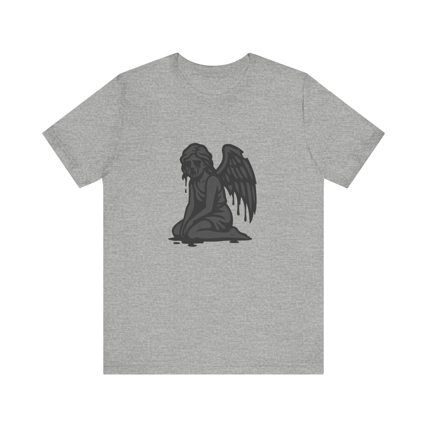 Fallen Angel Dark Theme Graphic T-Shirt – Dark Grayscale Crying Angel Design on Black Tee with Gothic Mood and Modern Ghost Effect. Unisex Jersey Short Sleeve Tee