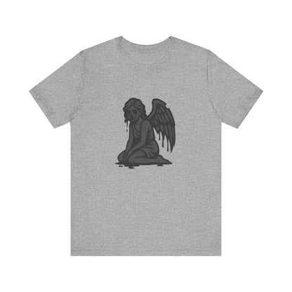 Fallen Angel Dark Theme Graphic T-Shirt – Dark Grayscale Crying Angel Design on Black Tee with Gothic Mood and Modern Ghost Effect. Unisex Jersey Short Sleeve Tee