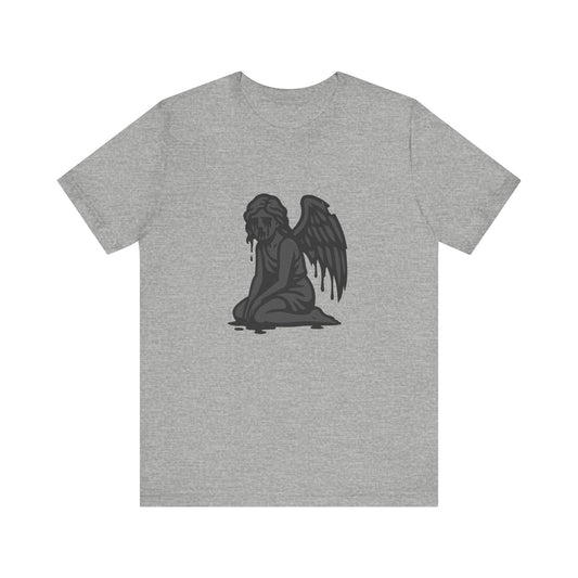 Fallen Angel Dark Theme Graphic T-Shirt – Dark Grayscale Crying Angel Design on Black Tee with Gothic Mood and Modern Ghost Effect. Unisex Jersey Short Sleeve Tee