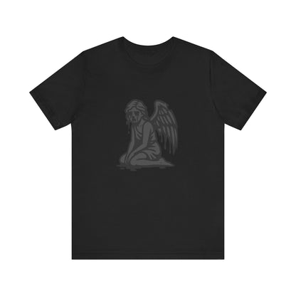Fallen Angel Dark Theme Graphic T-Shirt – Dark Grayscale Crying Angel Design on Black Tee with Gothic Mood and Modern Ghost Effect. Unisex Jersey Short Sleeve Tee