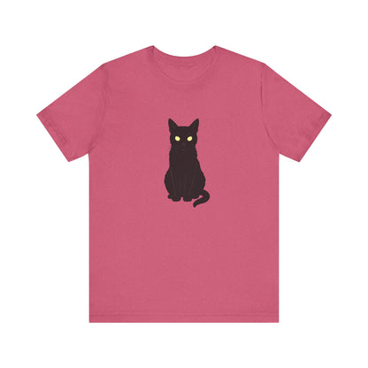 Glowing-Eyed Black Cat Shirt – Dark Theme Feline Stare for Maximum Spook and Minimal Effort. Unisex Jersey Short Sleeve Tee