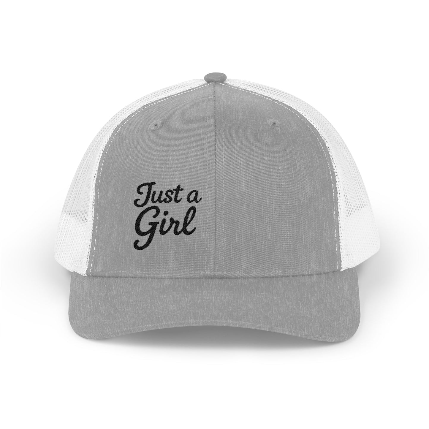 Just a Girl Trucker Hat – Minimalist Script Hat with Bold Feminine Energy and Classic Style. Black Letters