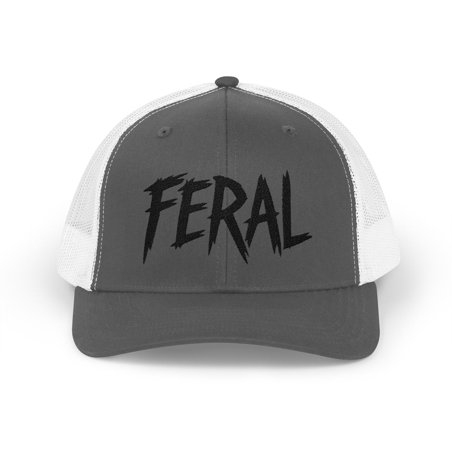 FERAL Embroidered Trucker Hat – Bold Statement Baseball Hat with Wild Energy Font for Rebels, Misfits, and Chaos Enthusiasts