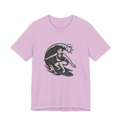 Surf Girl Graphic T-Shirt – Dark Theme Grayscale Female Surfer Riding Wave on Black Tee with Flow State Energy and Modern Ghost Effect. Unisex Jersey Short Sleeve Tee