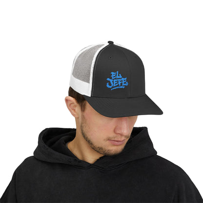 El Jefe Trucker Hat – Embroidered Bold Text Hat for Boss Energy, Leadership Style, and Latin Flair. Blue Letters