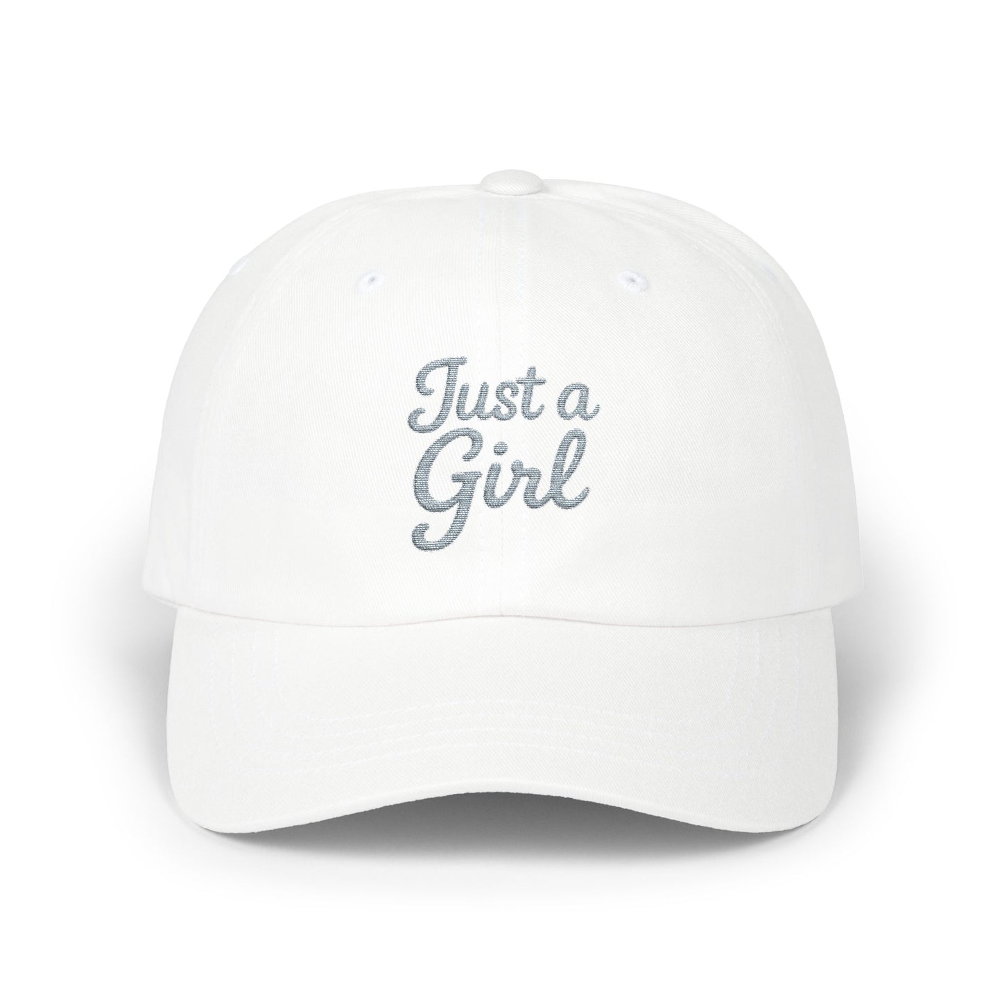 Just a Girl Embroidered Classic Dad Hat – Minimalist Script Baseball Hat with Bold Feminine Energy and Classic Style. Grey Letters