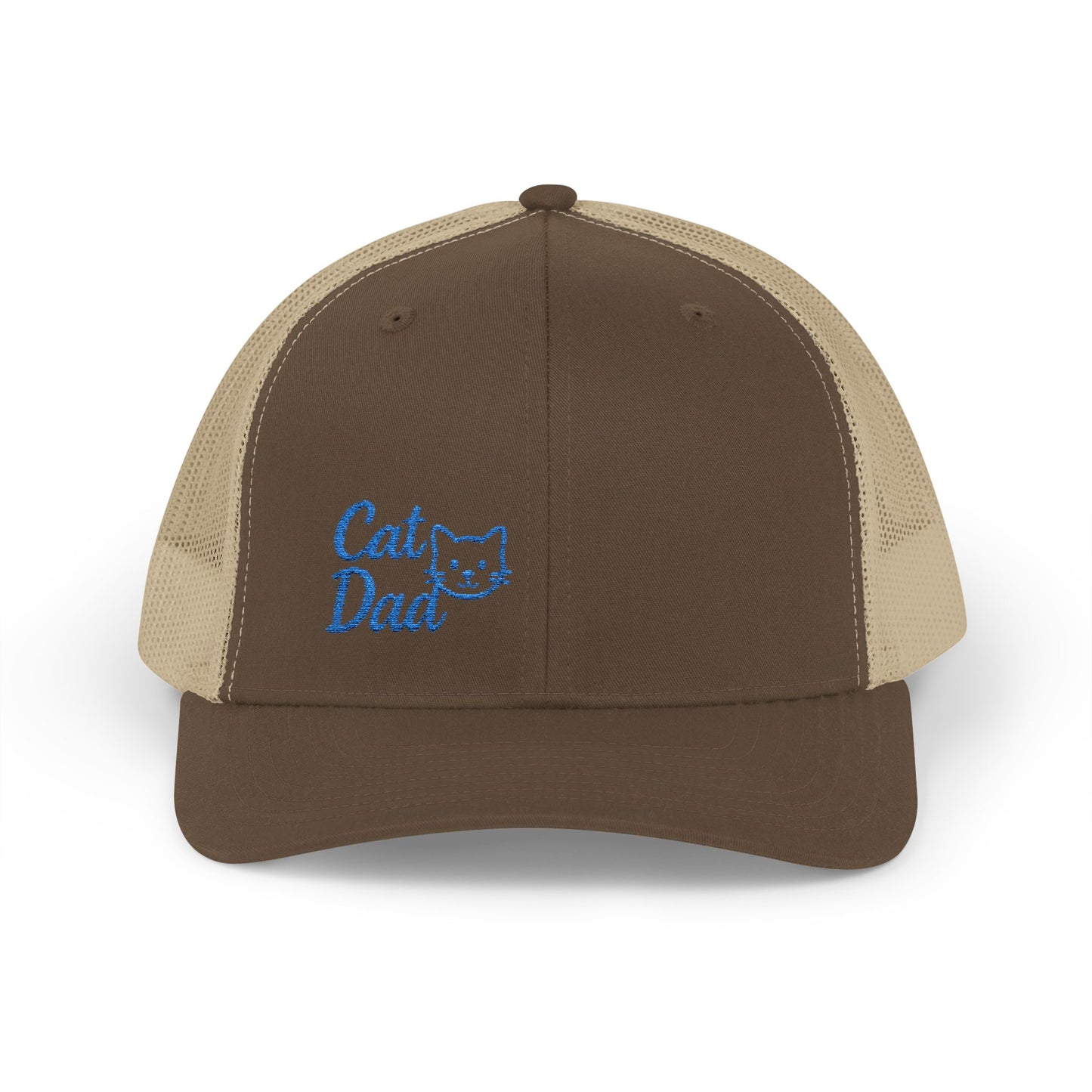 Cat Dad Trucker Hat – Embroidered Minimalist Cat Face Hat for Proud Pet Dads and Feline Fans. Blue Letters